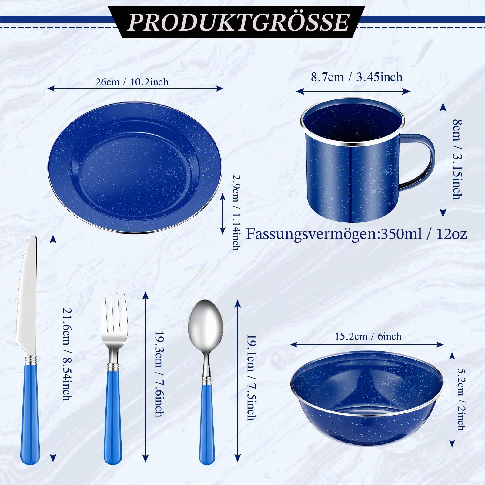 Nuogo 48-teiliges Emaille-Campinggeschirr-Set für 8 Personen, inklusive 340 ml Emaille-Kaffeetassen, 26,7 cm, Campingteller, 15,2 cm Schüsseln und Campingutensilien, Set mit Messer, Gabel, Löffel für