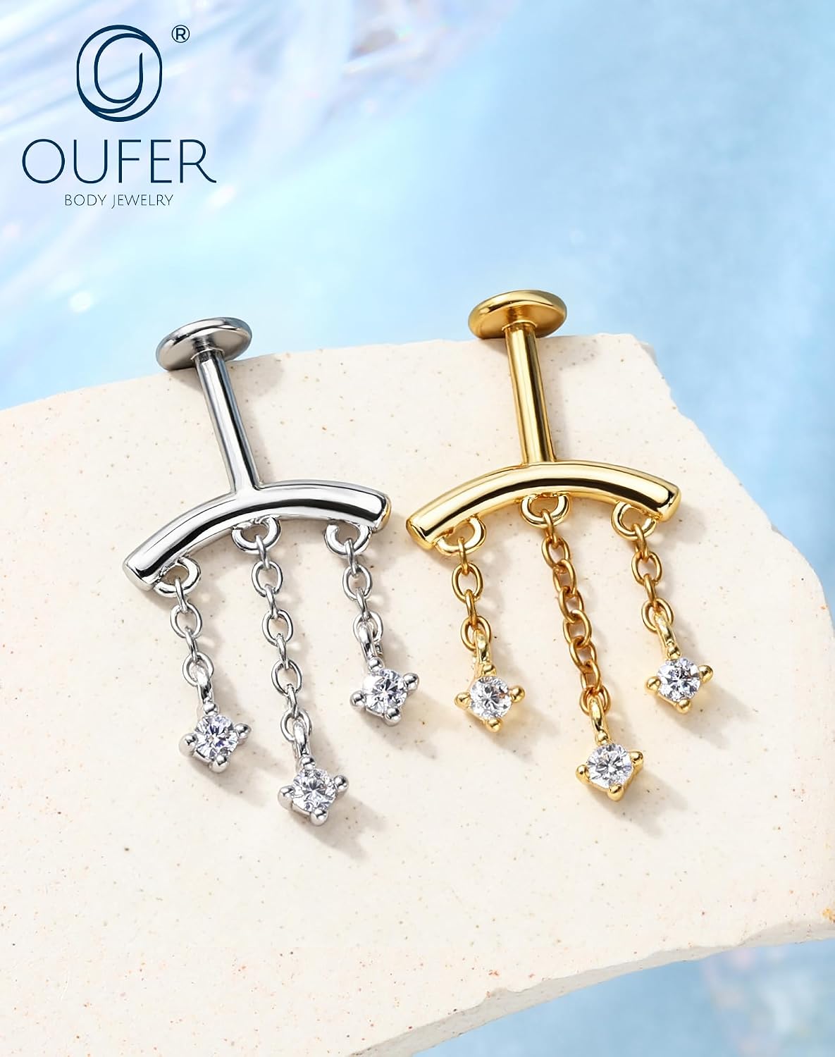 OUFER Vertical Helix Piercing Jewelry-16G Chain Clear CZ Pendant Hidden Helix Jewelry Flat Back Earring Vertical Rook Tragus Earrings