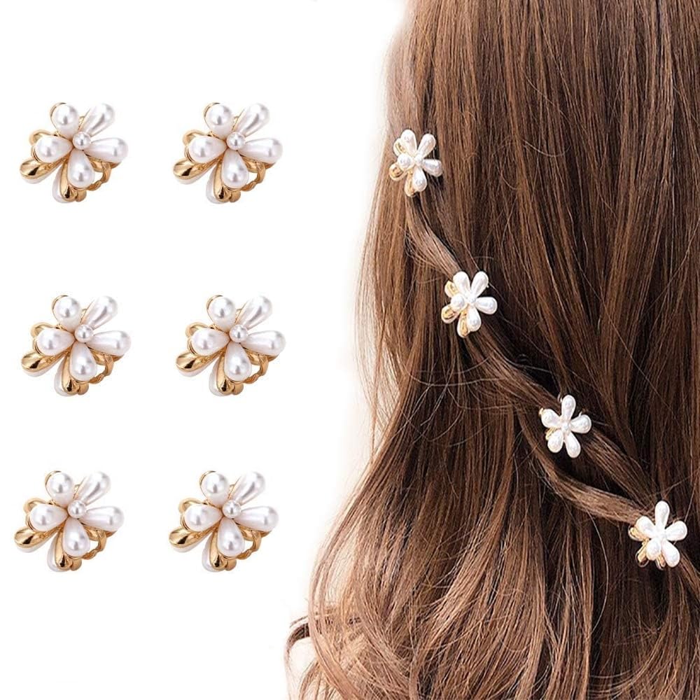 Drishti Hair Fashion Mini Crab Clip For Hair Pearl Flower Small Claw Hair Clip for Women Ladies Hair Clips 6 Pcs (Pearl Claw)