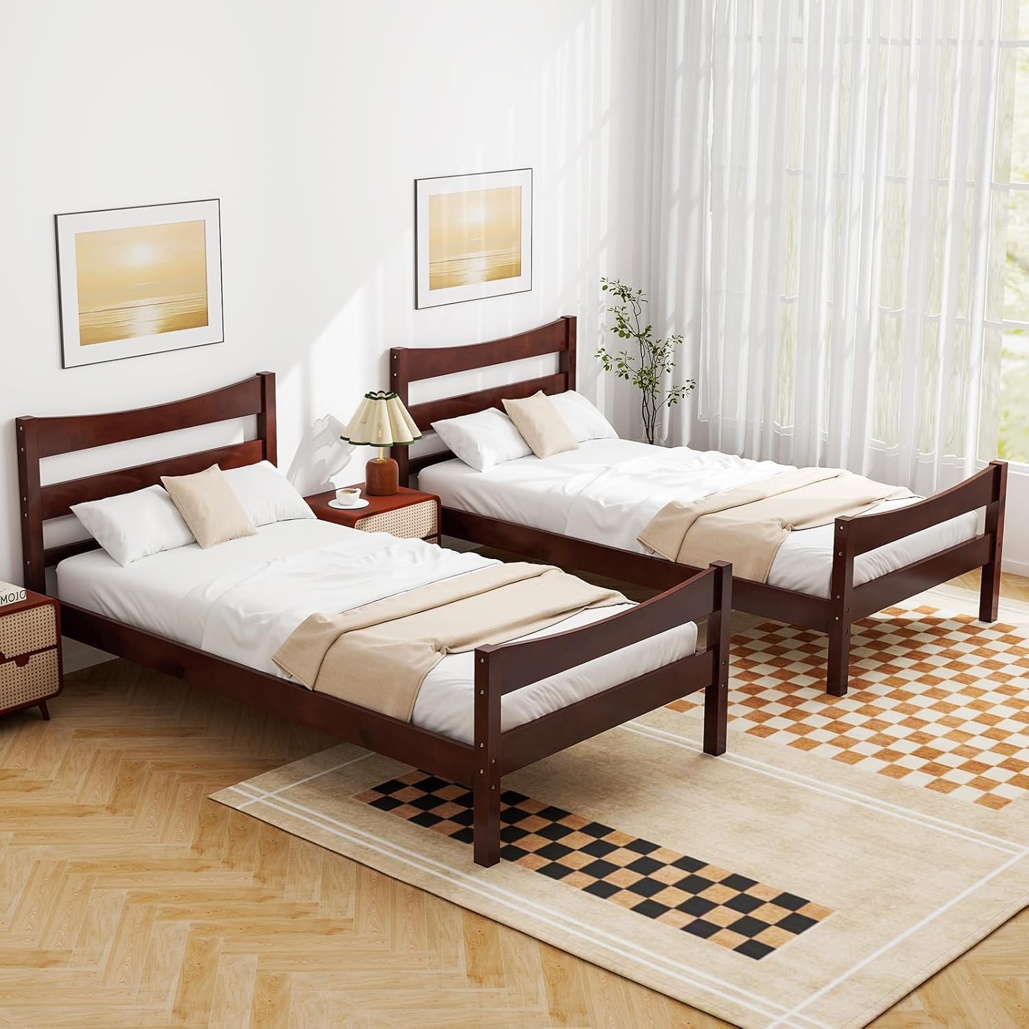 Giantex Wood Twin Bed Frames with Headboard, Modern Platform Bed with Wooden Slats Support, Under-Bed Storage Space, No Box Spring Needed, Twin Bed Frames for Kids Guest Adults, Walnut