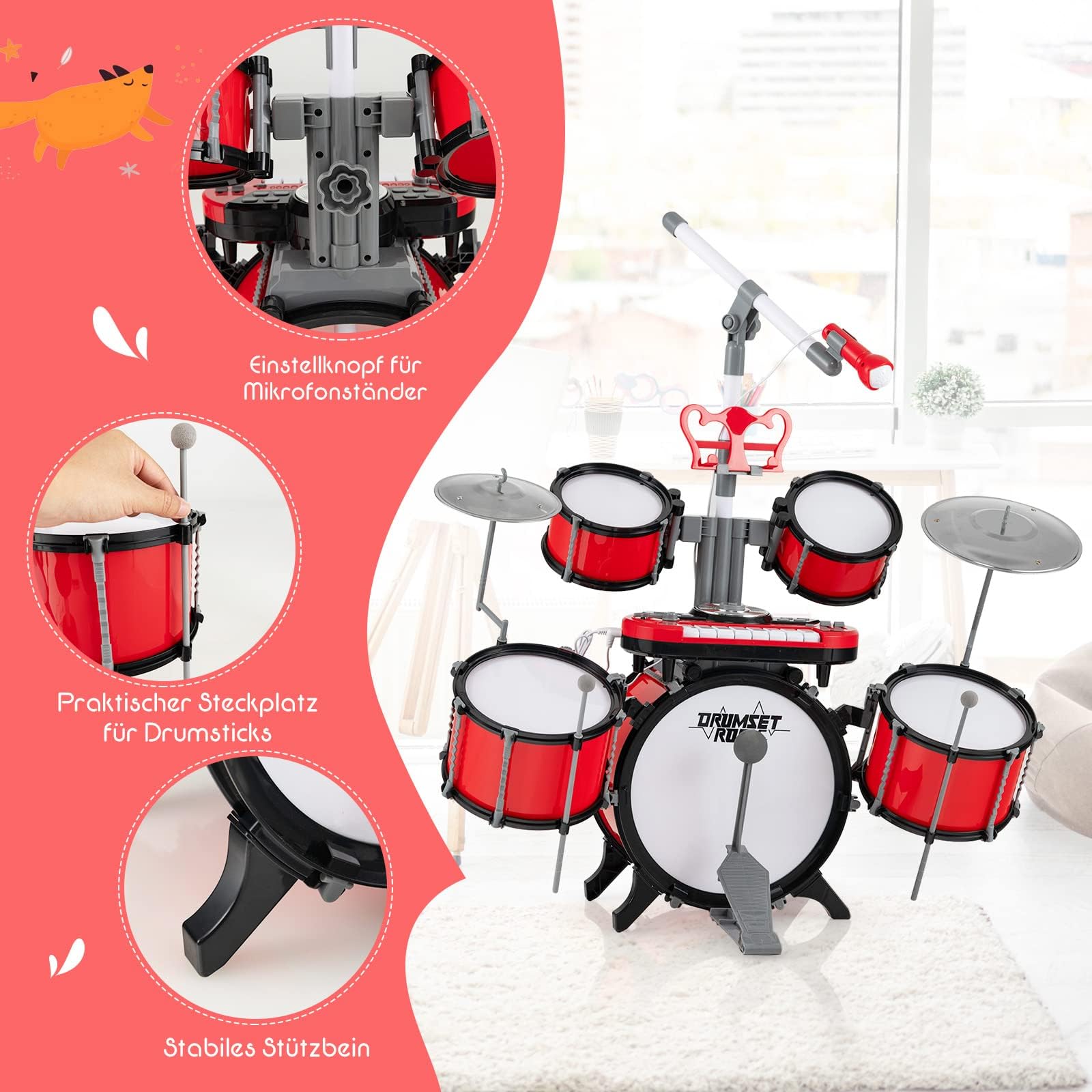 COSTWAY Zestaw perkusji dla dzieci, zestaw perkusyjny z mikrofonem, stojak na nuty, 8 klawiszy i zestaw DJ, wejście audio, instrument muzyczny dla dzieci powyżej 3 lat, czerwony