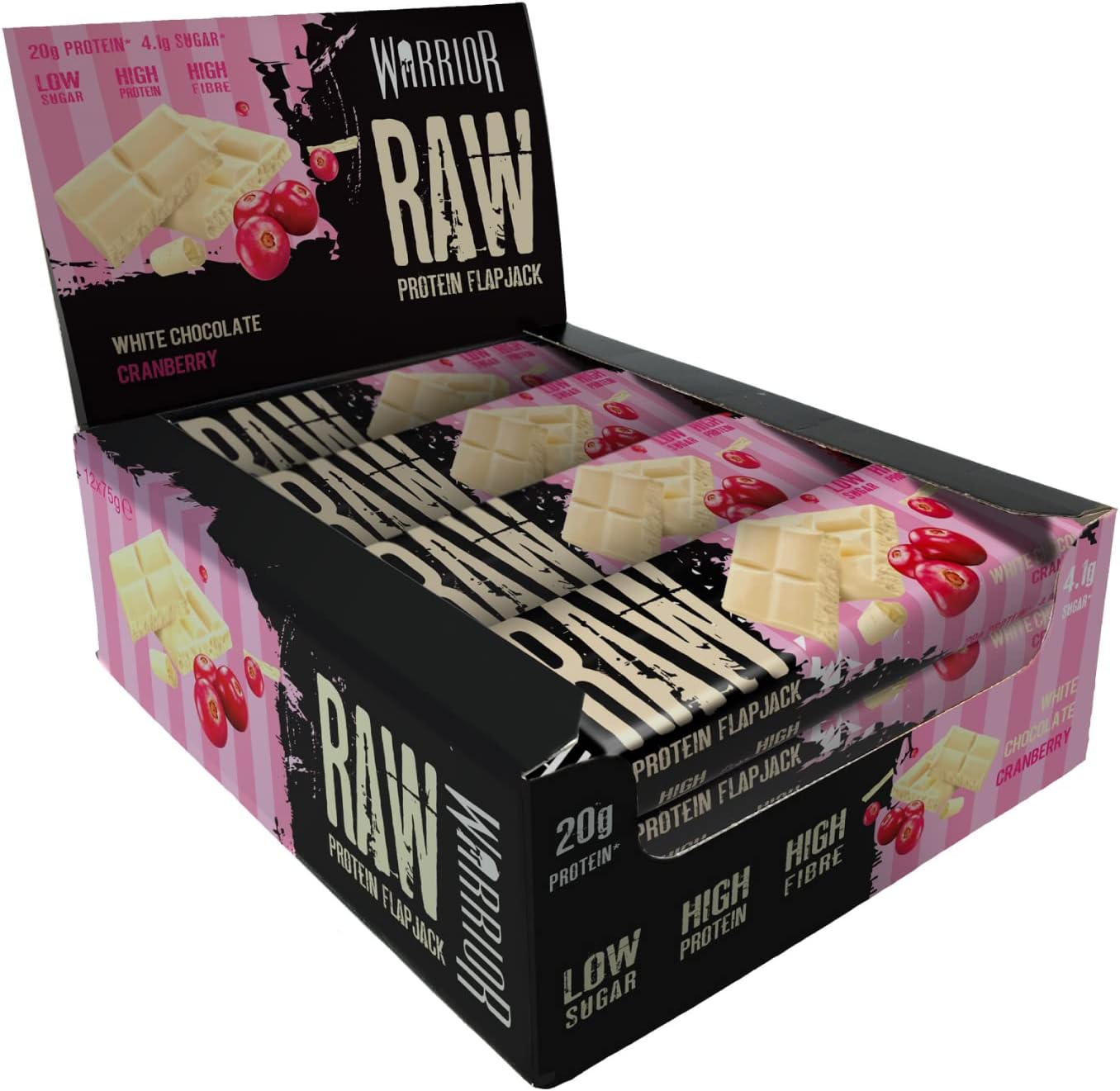 Warrior Raw HIGH Protein Bars (21g Protein Each) Low Sugar Chewy Granola Bars - White Chocolate/Cranberry - Pack of 12 Snack Bars