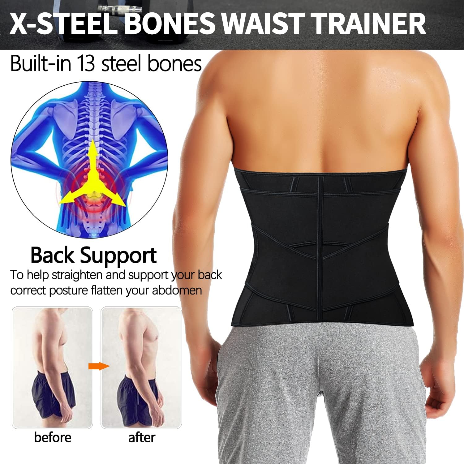 KIWI RATA Mens Workout Waist Trainer Corset Neoprene Sauna Sweat Trimmer Cincher Belt Extra Belly Compression Belts