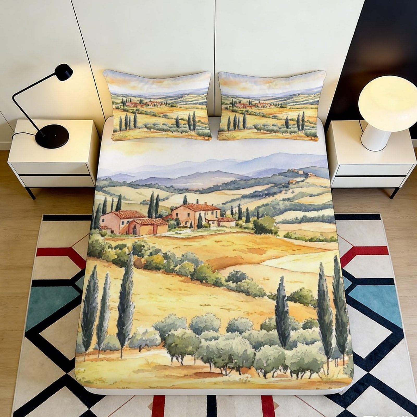 3D Printed Countryside Fitted Sheet Microfiber Deep Pocket for Bedroom Bedding Countryside Mattress Fitted Cover Non-Slip for Adults 200x200x25cm 90x200x25cm