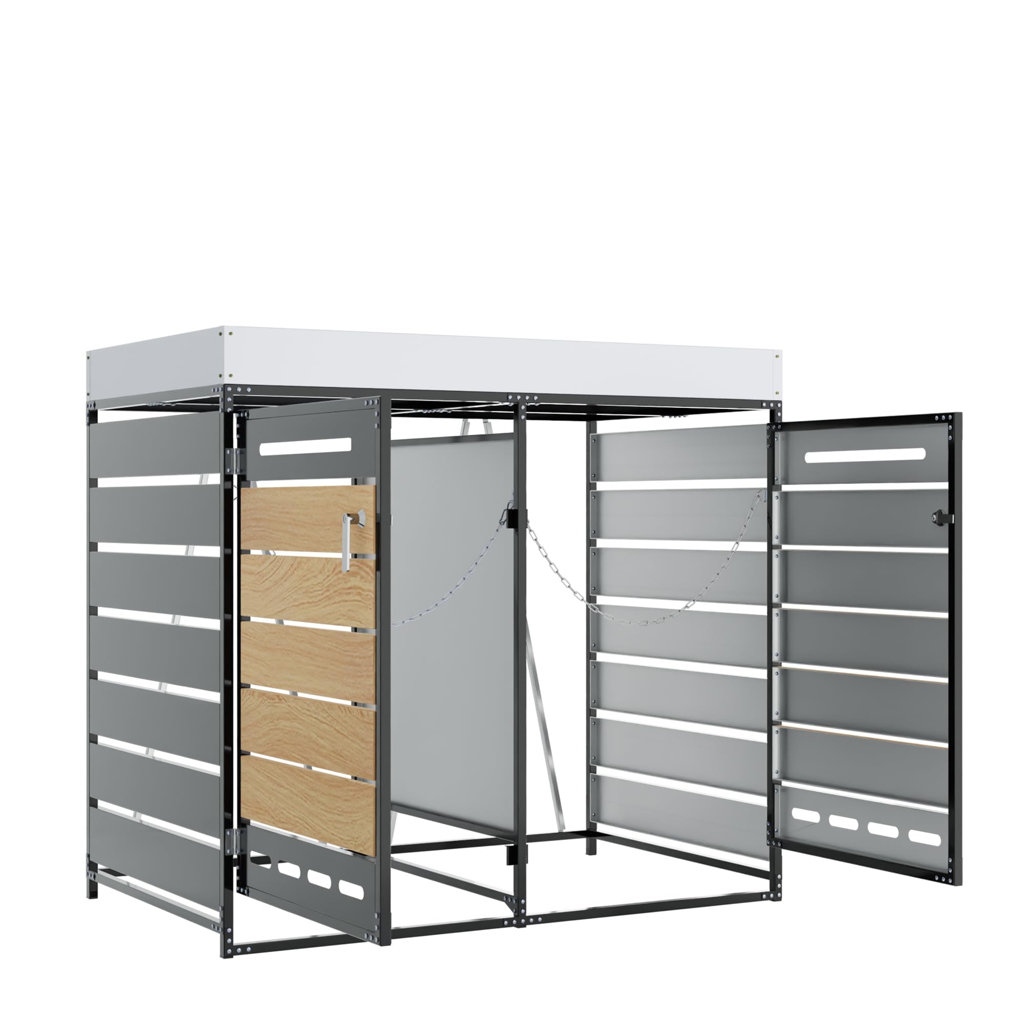 Mülltonnenbox 2er Mülltonnenverkleidung mit Pflanzkasten und Lüftungsöffnung für 2X Tonnen 120 und 240 L, Mülltonnenboxen mit Holzoptik-Leisten, Gartenmöbel Müllcontainer mit Schloss, Schwarz