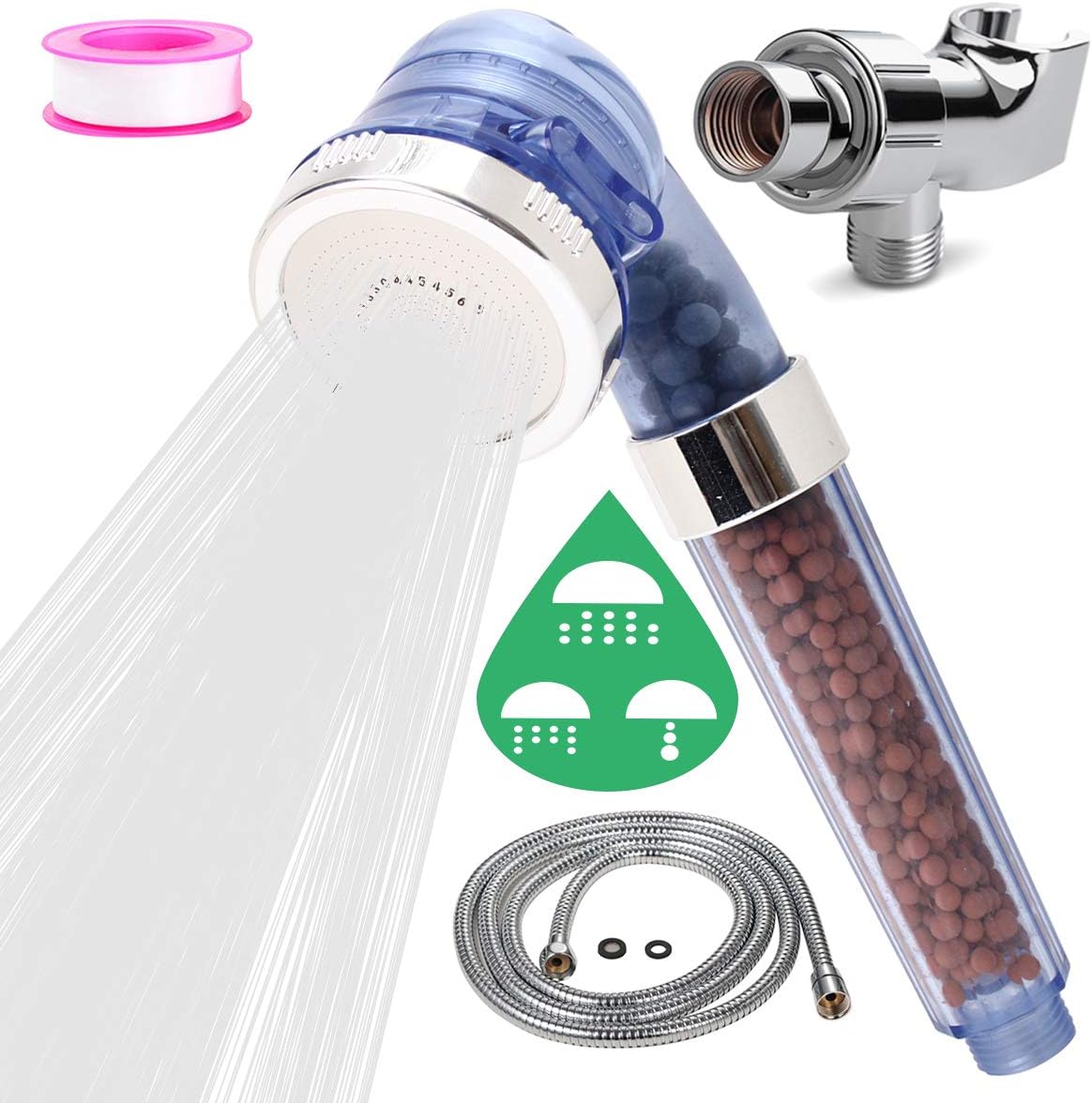 jooe Ionic Filtered Shower Heads Handheld 3 Setting Spray, Saving Water Showerheads Detachable Stone Ball Filter, for Dry Skin and Hair Best Shower Experience, with Hose and Bracke