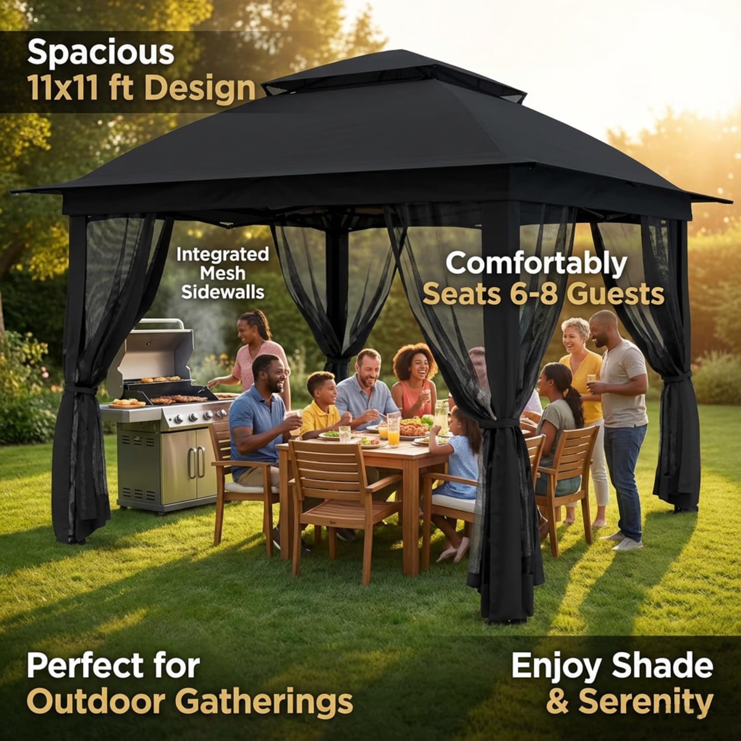 11'X11' Gazebo Pop Up with 4 Sidewalls Mosquito Netting, Heavy Duty Patio Gazebo Canopy Tent with Double Air Roofs for Backyards, Patios, Decks, Gardens, Parks