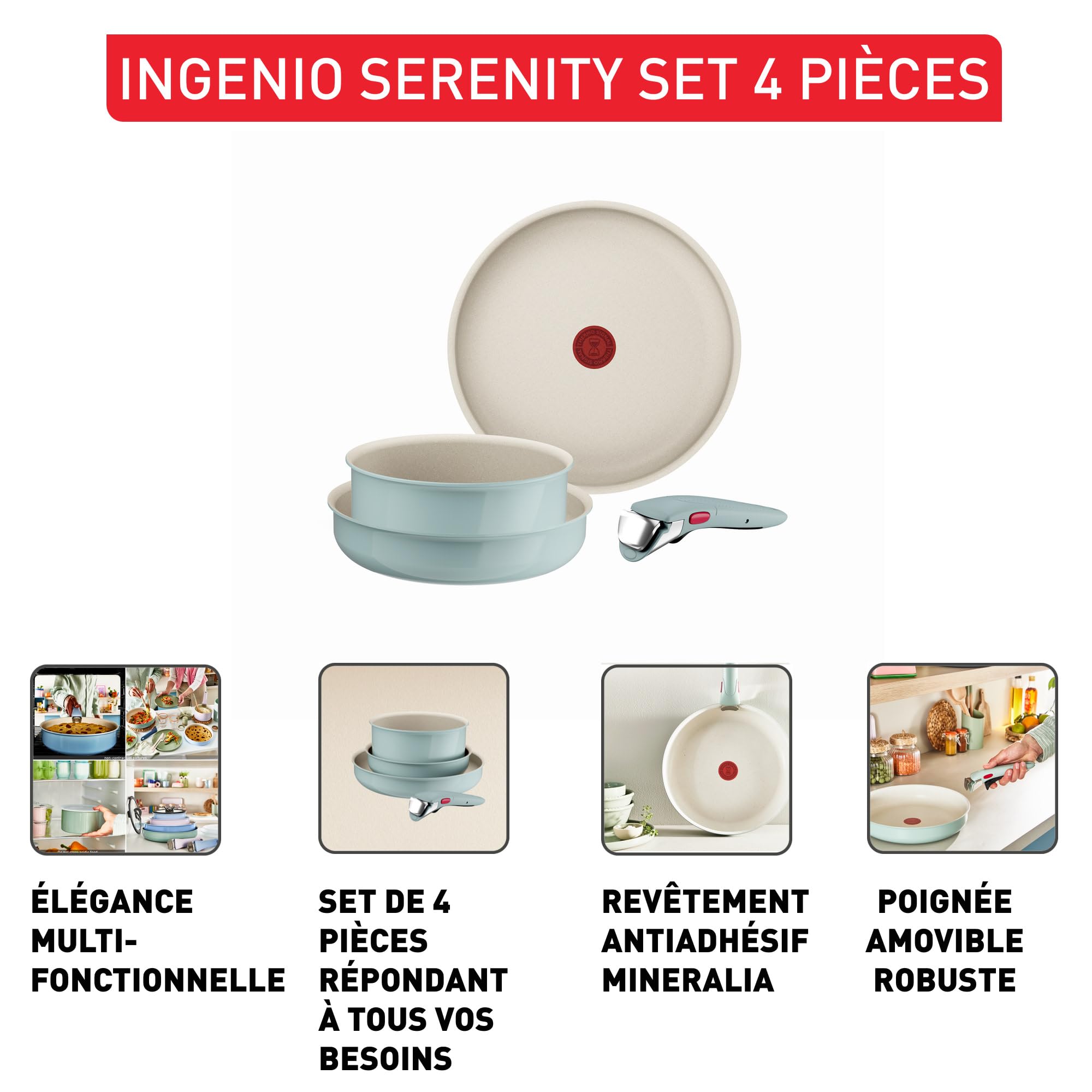 Tefal Ingenio Serenity, Batterie de cuisine 4pièces, Revêtement antiadhésif, Poignée amovible sécurisée, Design empilable, L828S404 EUCALY