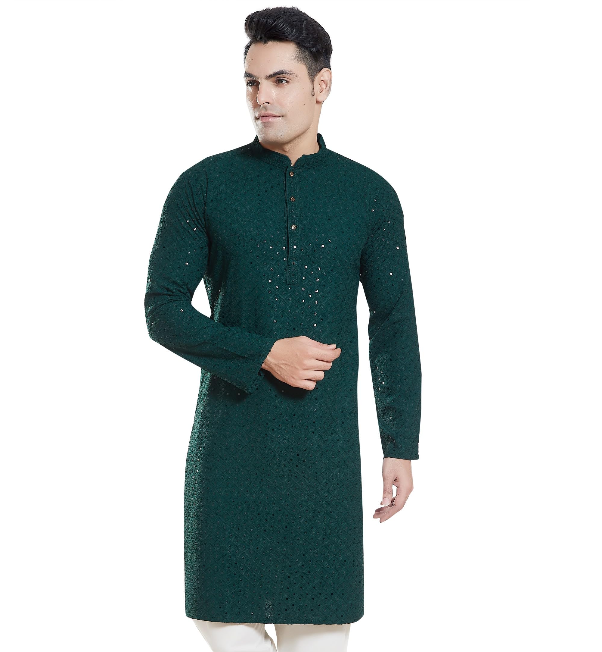 Divisive Men's Sequince Embroidered Cotton Blend Only Slim Fit Kurta (Dkrt136_M_Bottle Green)