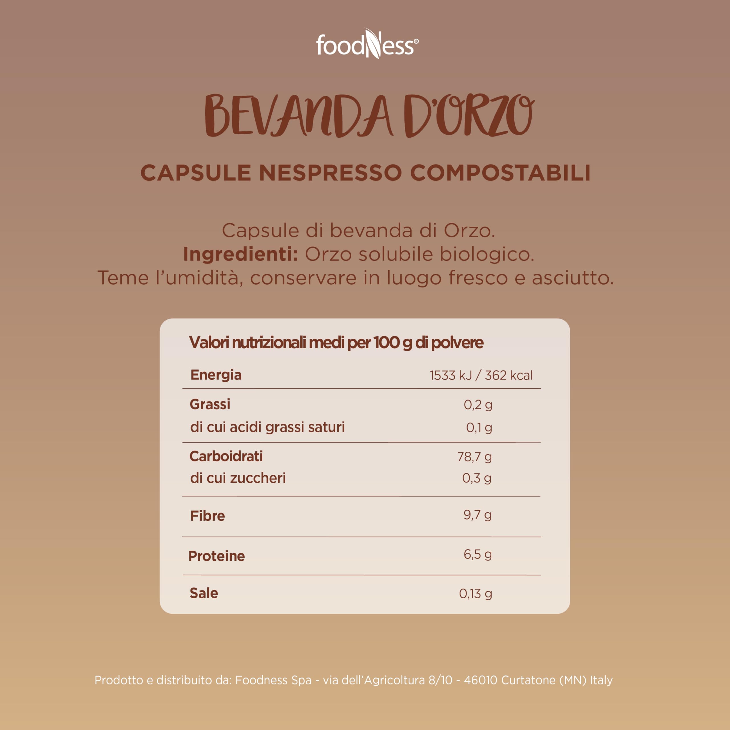 foodNess - 10 Box da 10 Capsule di Bevanda d'Orzo BIO, Capsule Compatibili con Sistema Nespresso, Bevanda Naturalmente senza Caffeina, Lattosio, Grassi Idrogenati e Zuccheri Aggiunti