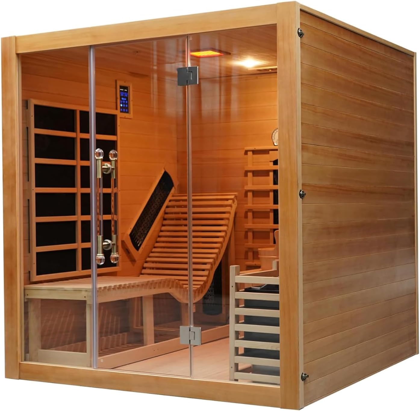 Dual System Sauna Room with Recliner, Luxurious Far Infrared & Steam Indoor Saunas, 2-3 Person Red Cedar Home Hybrid Sauna, 220V/ 6KW Harvia Electric Heater, Bluetooth Speaker