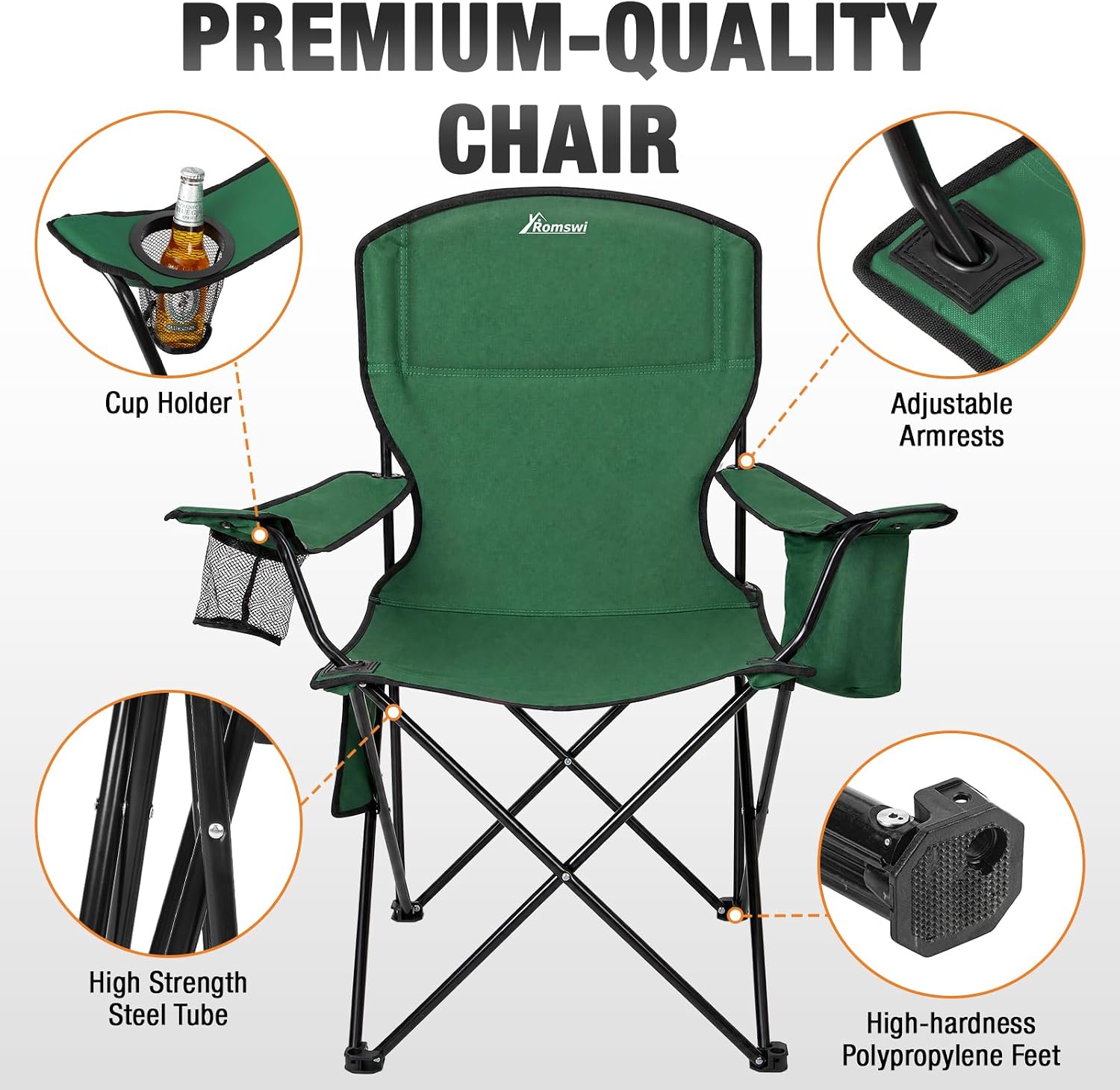 Camping Chairs for Adults, 2 Pack Heavy Duty Folding Chair with 4-Can Cooler Bag, Portable Outdoor Chair with Cup Holder, Collapsible for Tailgating, Beach, Fishing, Green thumbnail
