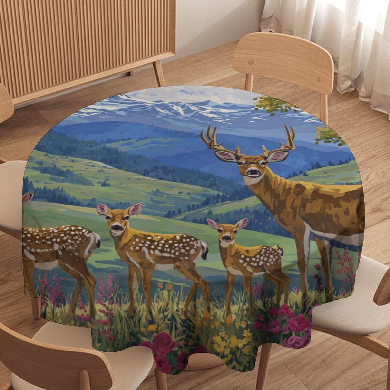 LUYYSKY Funny Realistic Wildlife Deer Round Tablecloth Rustic Retro Spring Mountains Plants Flowers Animals Elk Print Washable Decor for Table Cover for Kitchen-127 Wx127 L cm