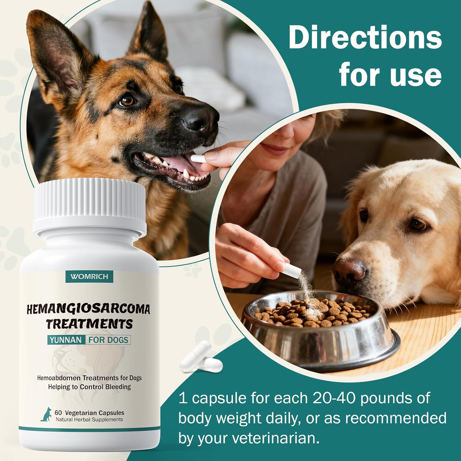 Yunnan Sanqi Hemangiosarcoma Support Capsules for Dogs, Natural Therapy for Hemangiosarcoma, Hemoabdomen, Pericardial Effusion, Cancer Bleeding, Nose Bleed, Bloody Stools, Extends Your Dog’s Lifespan