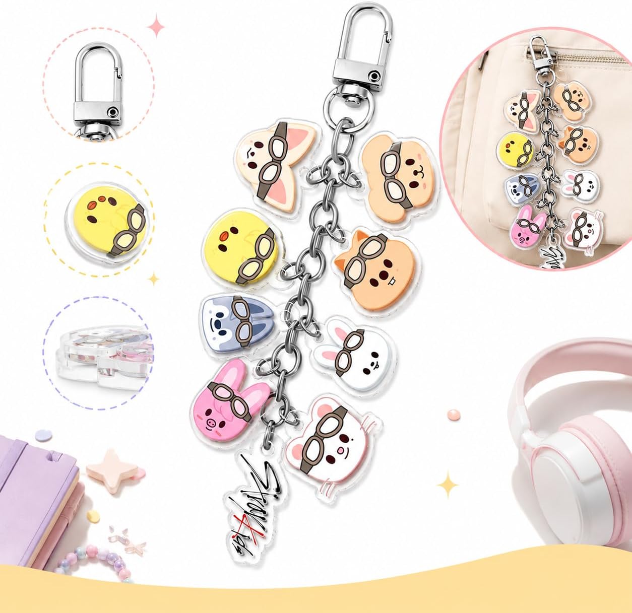 Stray Cartoon Keychain, SKZZ Cute Acrylic Keyring with Signature-Style Print, Backpack Accessories for SK-Z Fans Gift