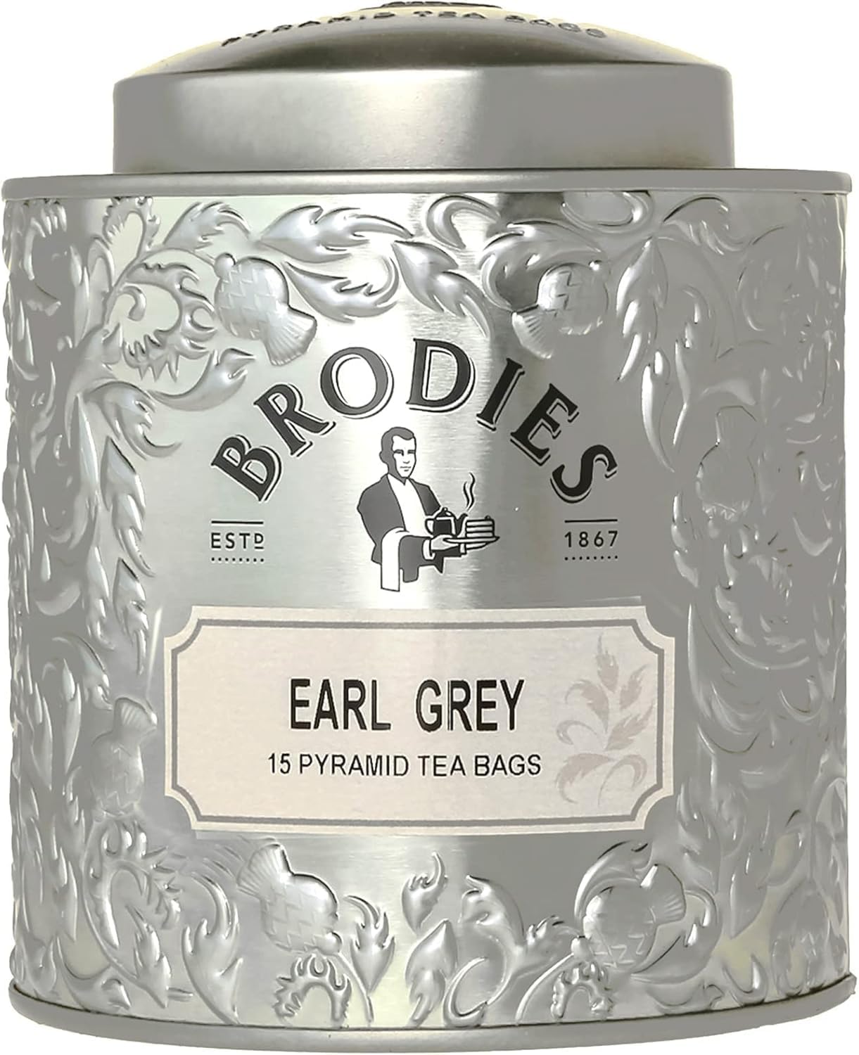 Earl Grey Pyramid Tea - Gift Tin Caddy Silver Colour (total 15 Pyramid Tea Bags) - Elegant and scented quintessential British Tea with the citrus Note of Bergamot