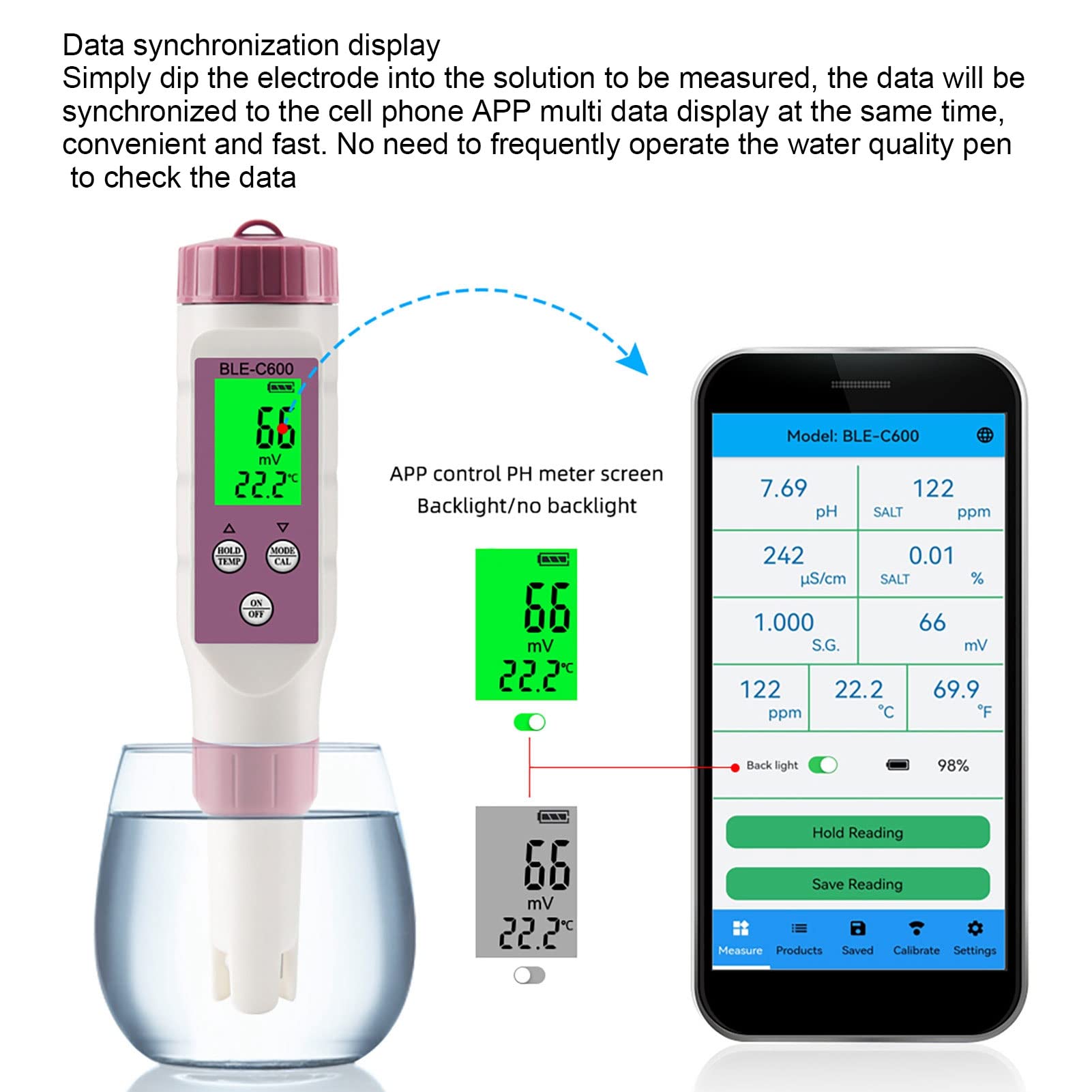 Misuratore Digitale BLE C600 e Kit per il Test 'acqua, Penna per il Test a qualità 'acqua, Tester PH Bluetooth Intelligente con ATC, Misuratore di Temperatura a