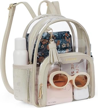 Missnine Small Clear Backpack for Stadium Events Anti-theft Mini Clear Bag for Sport Event Concert with Cute Pom-pom Ball