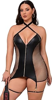 sunshinelady Women’s Plus Size Lingerie Set Leather Lingerie with Garter Set Sexy Sheer Babydoll Faux Leather Bodycon Dress