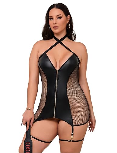 sunshinelady Women's Plus Size Lingerie Set Leather Lingerie with Garter Set Sexy Sheer Babydoll Bodycon Dress XS-4XL - Black - 12-16