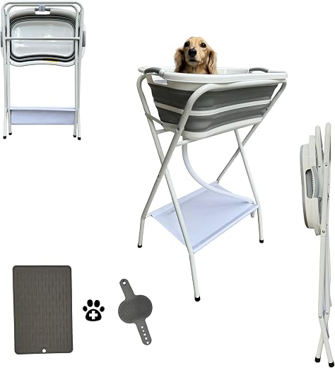 Collapsible Elevated Pet Bathtub, Foldable Washing Station for Small to Medium Dogs and Cats, Portable Pet Shower and Groo...