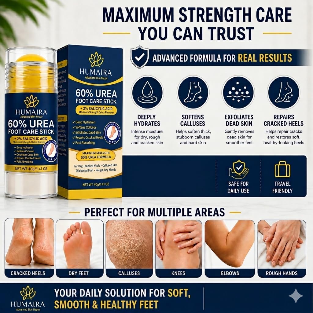 HUMAIRA 60% Urea Foot Care Stick Pack of 2 with 2% Salicylic Acid – Maximum Strength Callus Remover for Feet, Cracked Heel Treatment, Dry Rough Skin Repair, Intensive Moisturizing Foot Balm, 40g Each