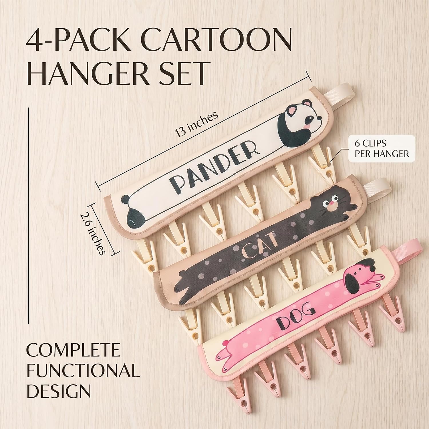 4 Pack Fabric Travel Hangers Foldable - Portable Hanging Clothes Drying Rack w/ 6 Clips - Oxford Clothespins Hanger for Socks Underwear Towel - Cruise Dorm RV Essentials (Panda Cat Dog Bear)