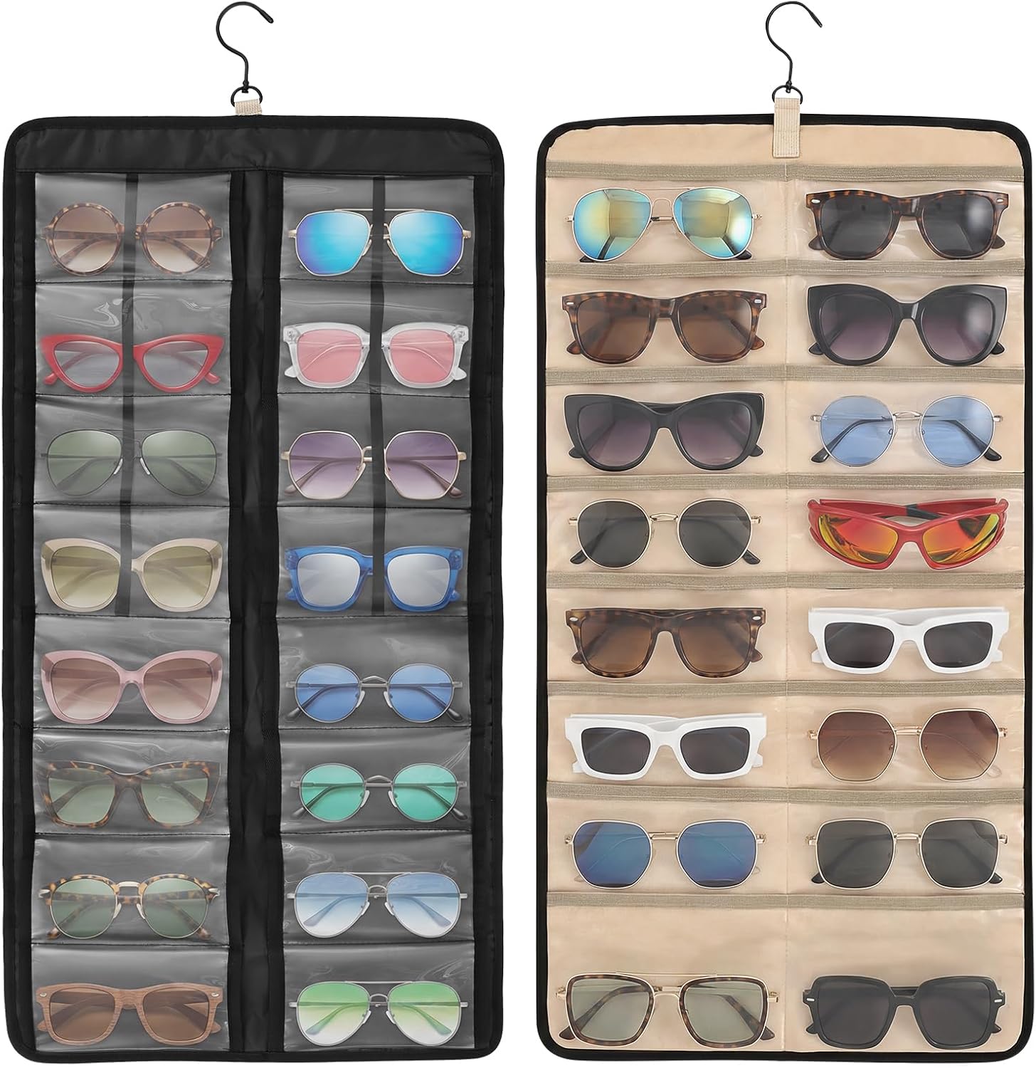 Hanging Jewelry Organizer, Dust Proof Sunglasses Storage Case with 32 Clear Slots, Wall Mounted Travel Dual Sided Glasses Holder with Hook, Black
