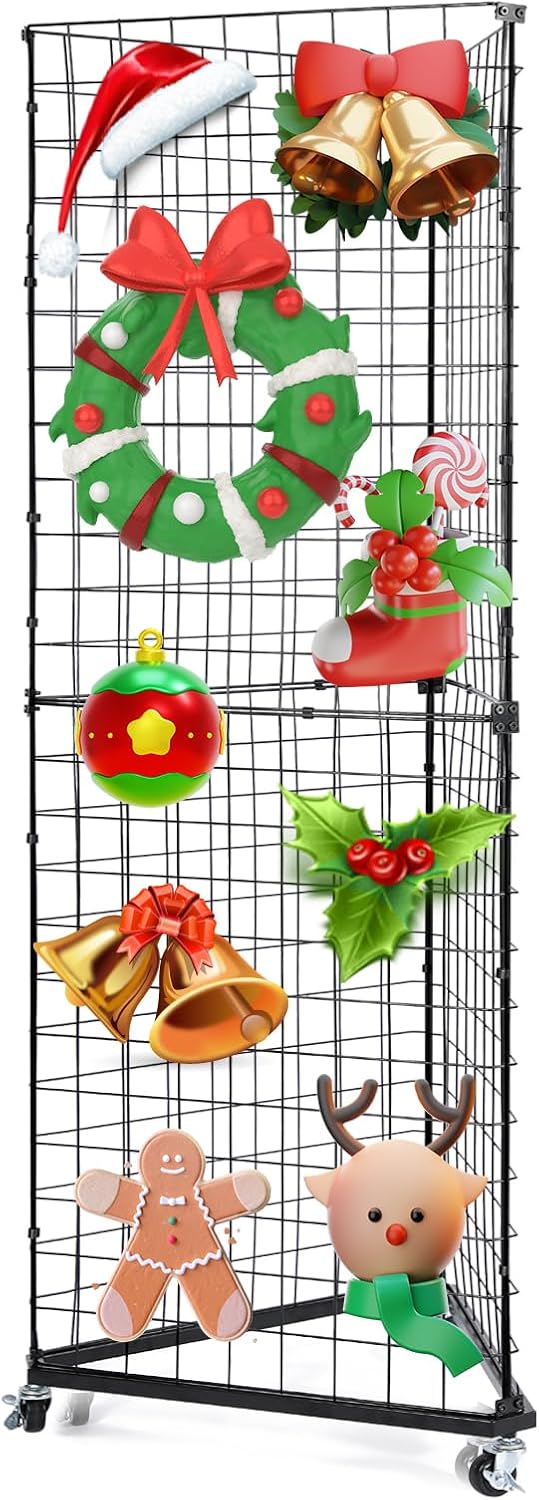Triangular Gridwall Display Stand 24"x68" with Base & Casters, 3-Sided Rolling Grid Tower Rack for Retail Stores, Vendor Events, Craft Shows - Black