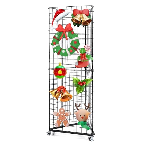 PVNIEFC Triangular Gridwall Display Stand 24"x68" with Base & Casters, 3-Sided Rolling Grid Tower Rack for Retail Stores, Vendor Events, Craft Shows - Black