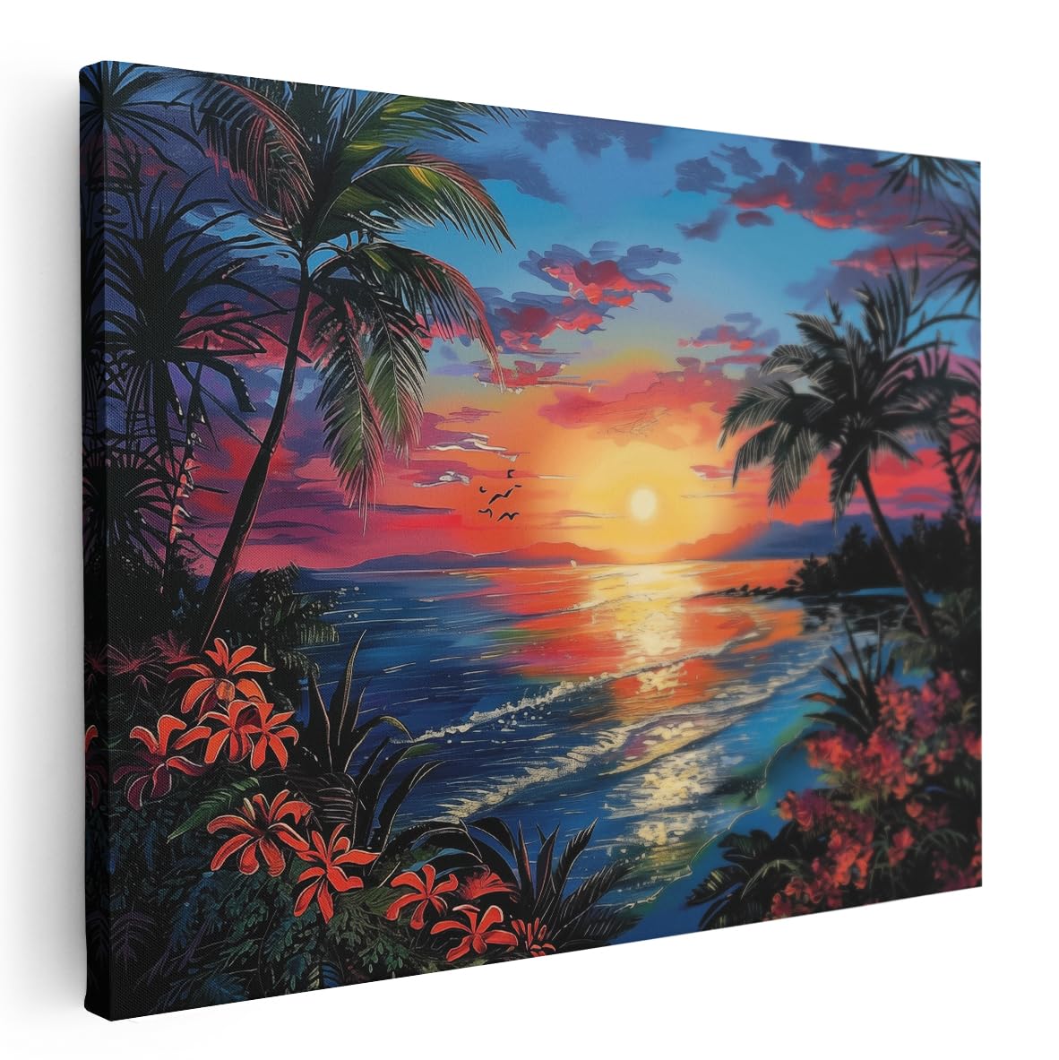 Artaza Leinwand Bilder Sonnenuntergang Meer - 80x60 cm - Wanddeko Strand - Wandbilder Palmen - Deko Wohnzimmer