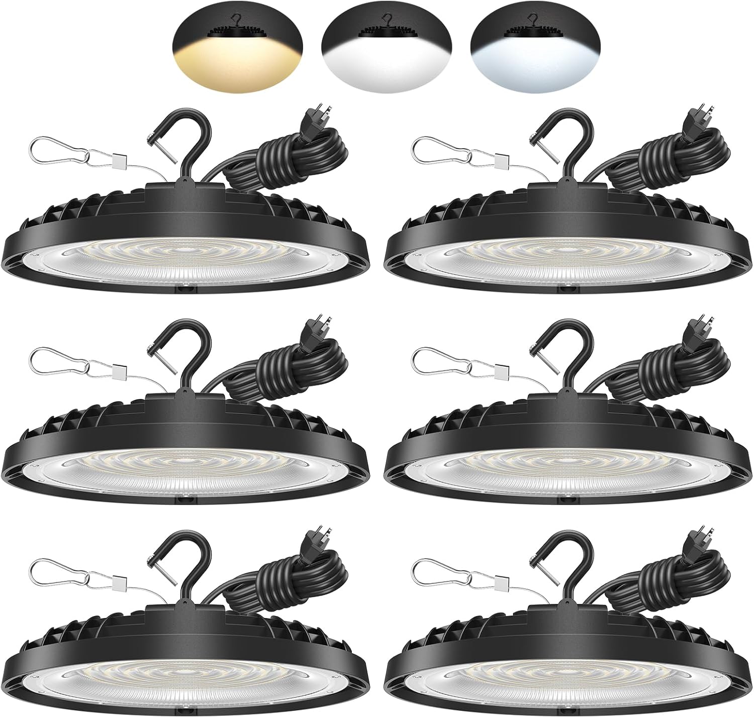 240W UFO LED High Bay Light, Adjustable Wattage 240W/200W/150W, 3-Color Temperature (6500K/5000K/3500K), 36,000LM, AC100-277V, Plug & Play LED Shop Lights Fixture for Warehouse, Garage, Factory, 6PCS