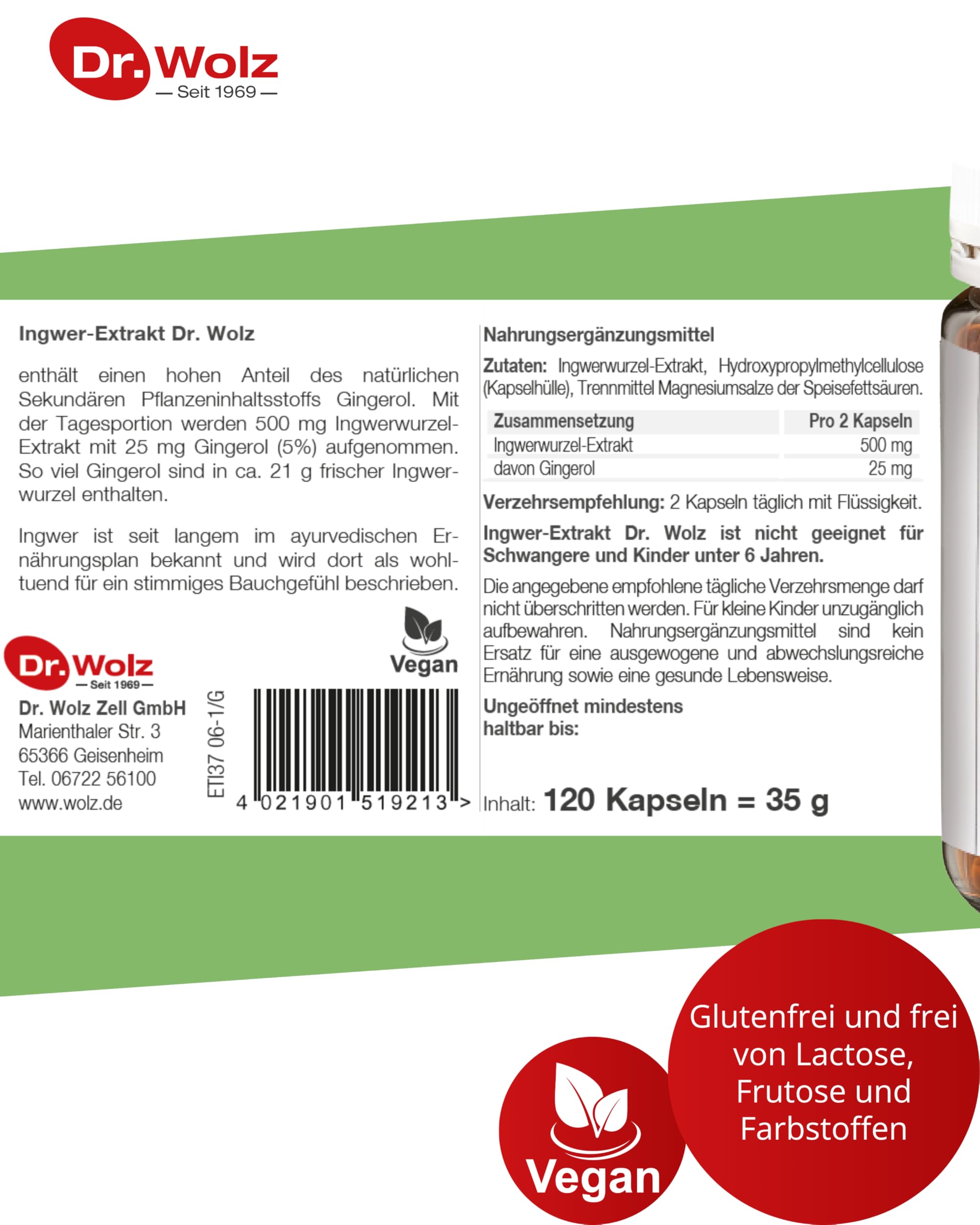 Dr. Wolz Ingwer-Extrakt Kapseln, mit einem hohen Anteil an Gingerol aus 500mg Ingwerwurzel-Extrakt, Rückstandskontrolliert und deutsche Herstellung, 120 Kapseln