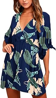 Meenew Women's Summer Casual Loose Tunic Swing Dress V Neck Short Vacation Dress