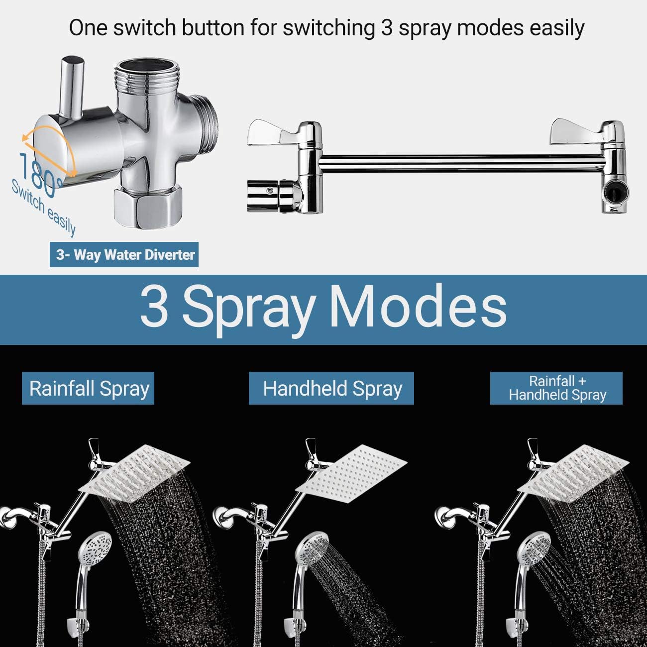 COSYLAND 8'' High Pressure Rainfall Shower Head Handheld Combo 9 Settings with 11'' Extension Arm 60" Hose, Stainless Steel Bath Showerhead, Height/Angle Adjustable with Holder Pipe Sealant Tape - - 