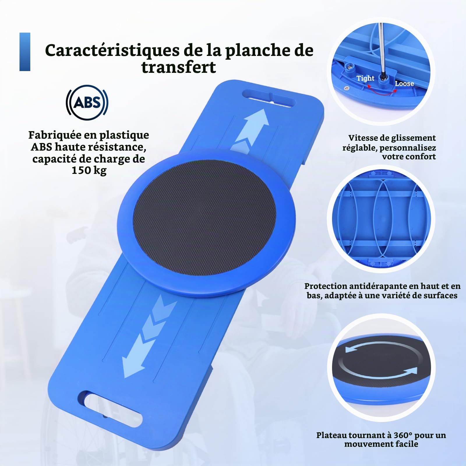LOSCHEN Planche de transfert de 75 cm avec plaque pivotante coulissante à 360 ° pour personnes âgées - Transfert du fauteuil roulant au lit, aux toilettes, à la baignoire, à la voiture (bleu)