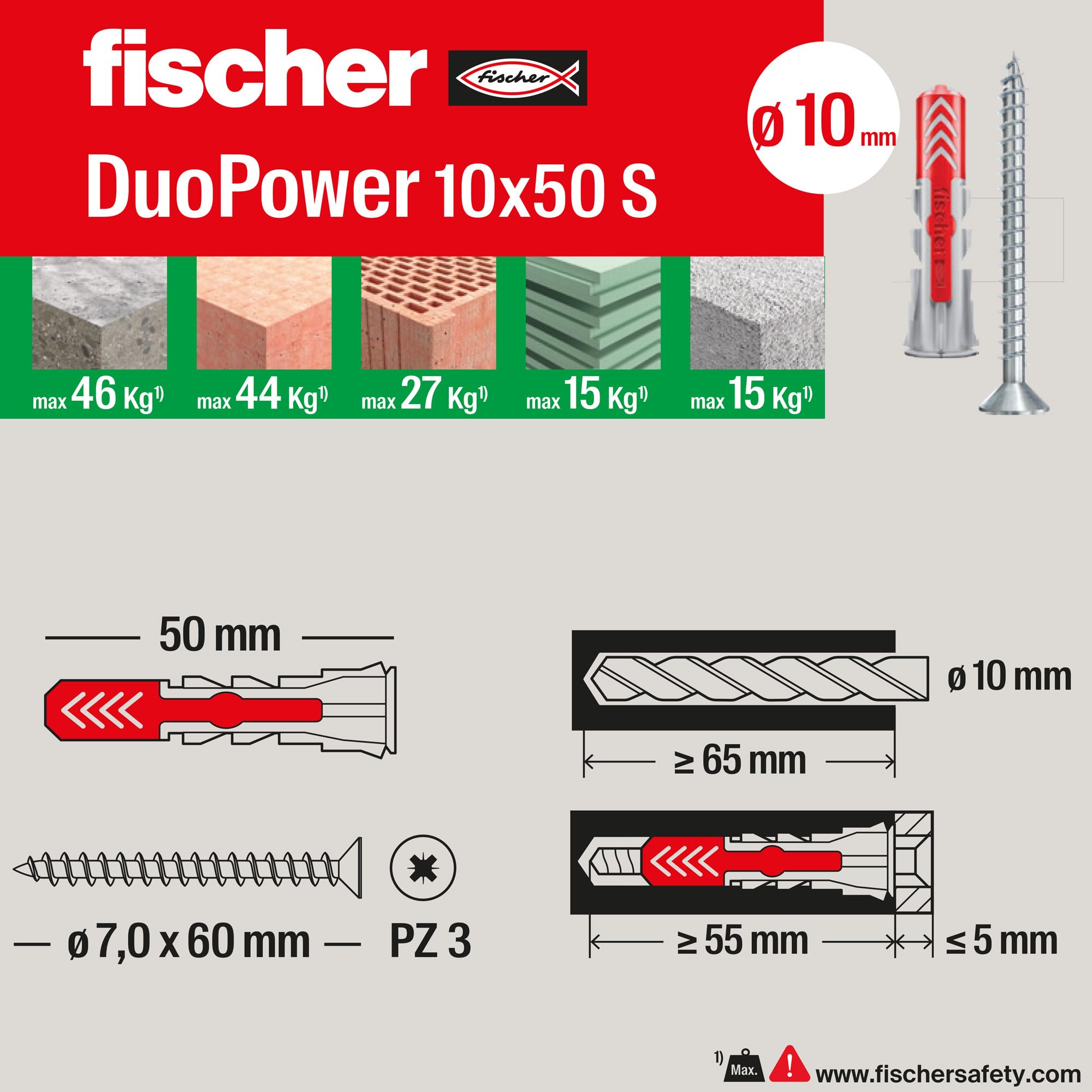 Fischer 25 x Dübel mit Schraube DuoPower 10 x 50 mm, für Mauern, Lochstein, Gipskarton, 537648 – Ansicht 2