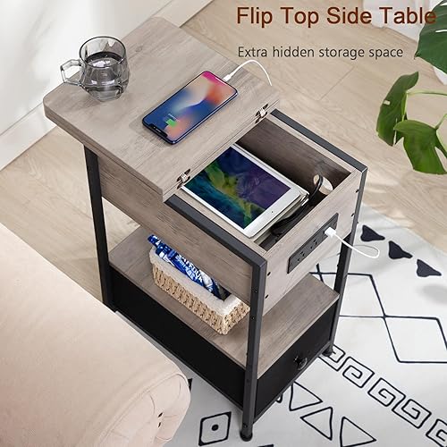 Miniatura 6 de AMHANCIBLE Mesita de noche con estación de carga, mesa auxiliar abatible con puertos USB y tomacorrientes