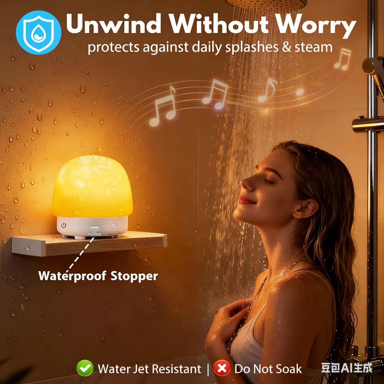 Spa-Like Shower Lamp with Bluetooth Speaker,Waterproof 16-Color Ocean Wave Projector Light, Rechargeable Bathroom Lamp with Touch&Remote Control,Cordless Light for Inside Shower/Bathtub