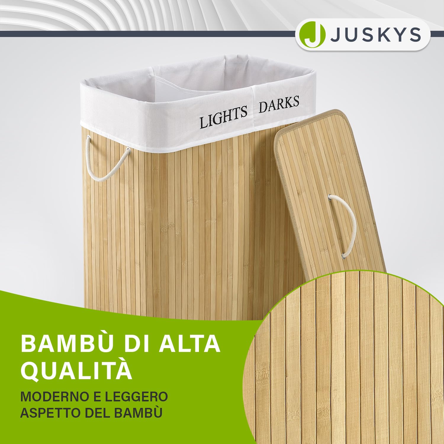 Juskys Cesto da bucato in bambù Curly 100 litri naturale - Cestino da biancheria con coperchio, maniglia e 2 scomparti - Borsa per bucato in tessuto Cestino da biancheria rimovibile e lavabile