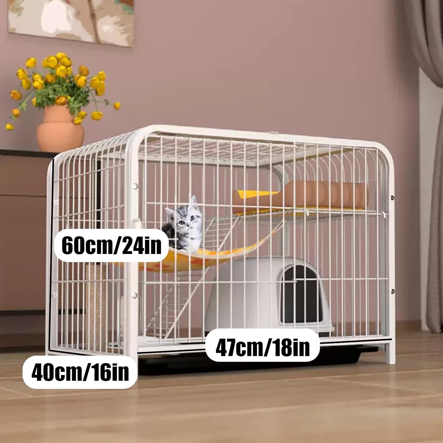 Indoor Cat Cage, Cat Enclosures, Wire Kennel with Cat Hammock, Tray, Litter Tray, for 1-2 Cats, Ferrets, Chinchillas, Rabbits, Puppy, Small Animals,White-60 * 40 * 47cm/24 * 16 * 18in