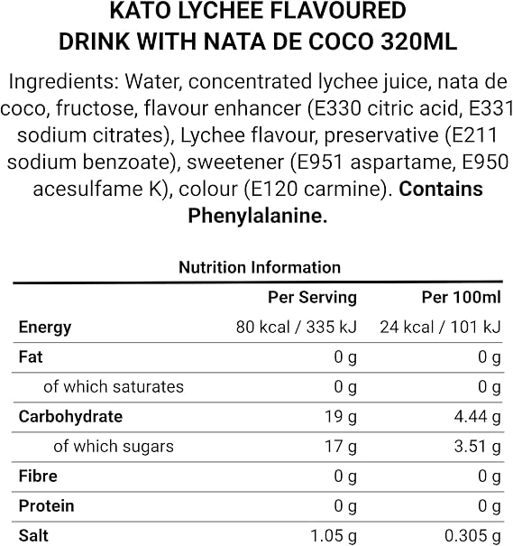 Kato Lychee Nata De Coco Drink, 320ml (Pack of 6) | Lychee Juice Drink with Coconut Jelly - Ready to Drink Tropical Beverage