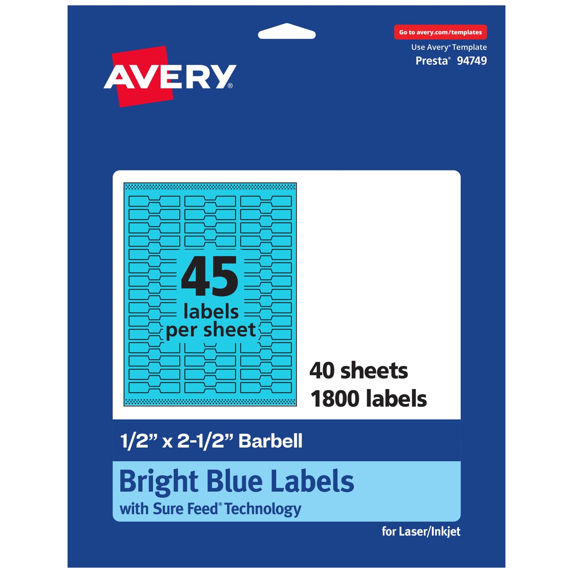Avery Printable Barbell Labels, Sure Feed Technology, 1/2" x 2-1/2", Bright Blue Labels, Laser/Inkjet Printable, 1,800 Total, Great for Jewelry and