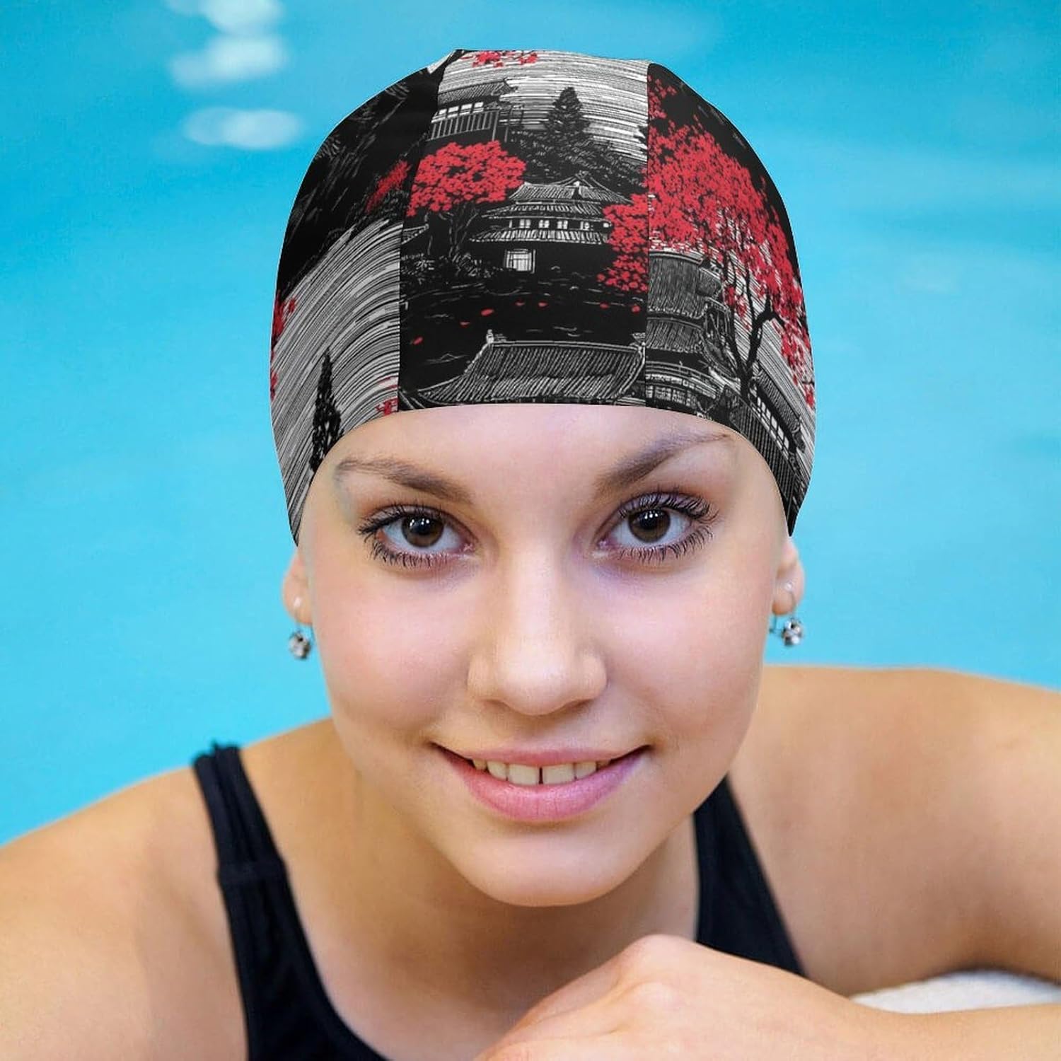 Japanese Mountains Landscape Womens Swim Cap for Men Adult Swimming Hat Curly Short Medium Long Hair