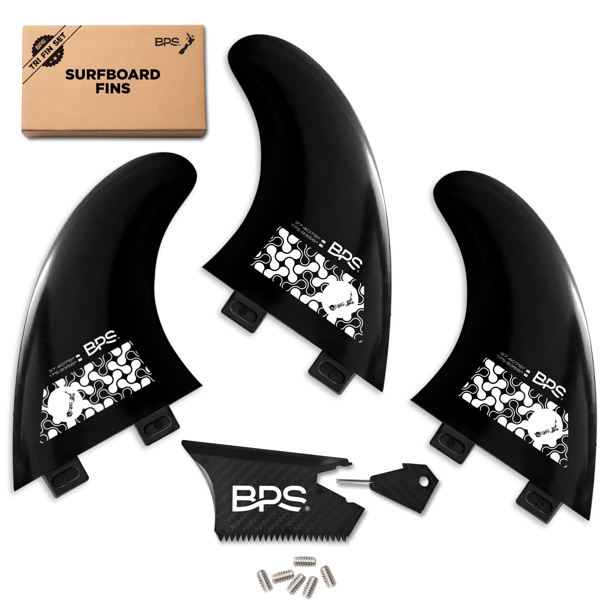 BPS Fiberglass Reinforced Surboard Fins - 3 Thruster Fins Set (FCS G5 M5 Style) Future Fins, Comes with FCS Screws and Hex Key
