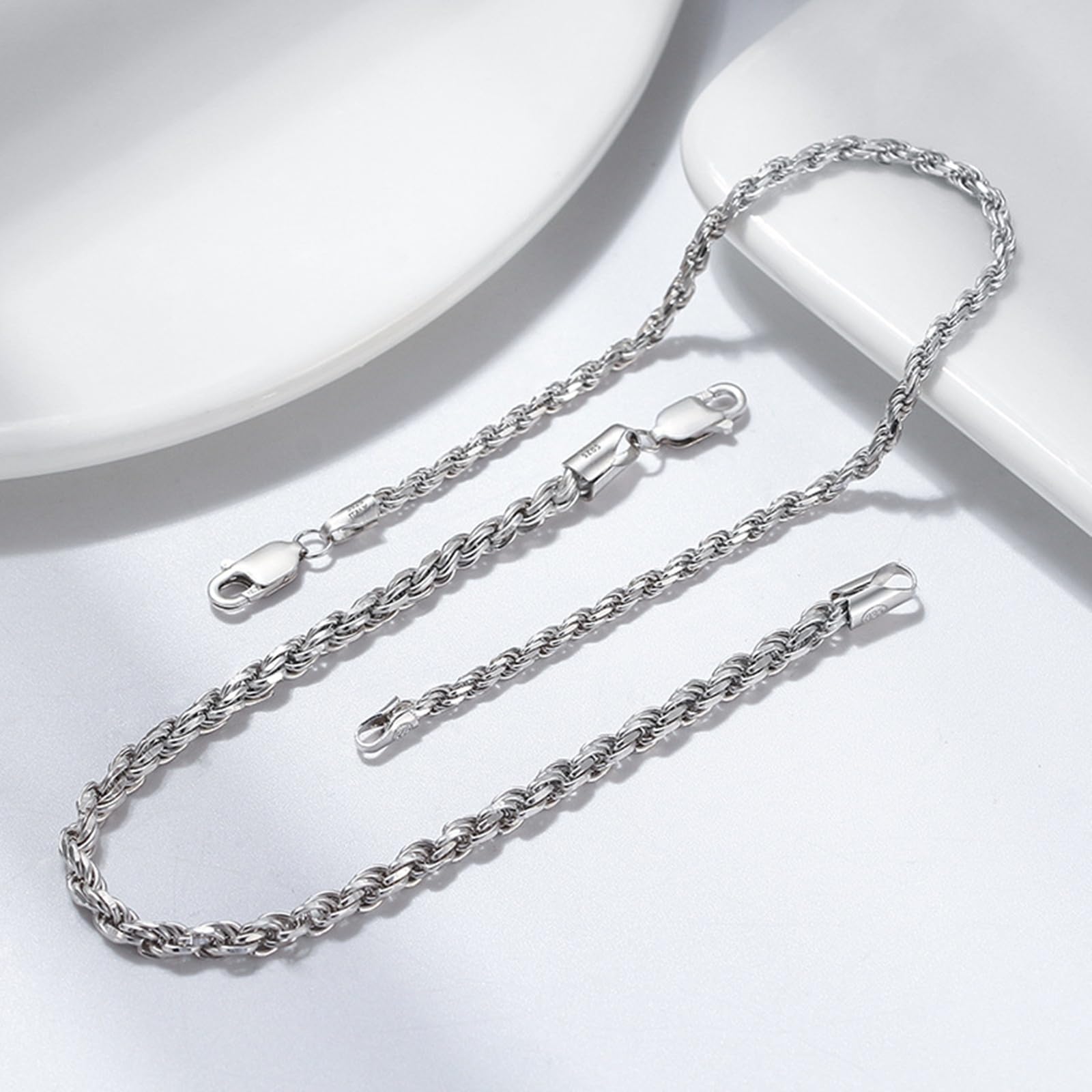 Braccialetti Donna Argento, Bracciale a Catena in Corda 16,5/18/19/20 cm in Argento 925 per Donna
