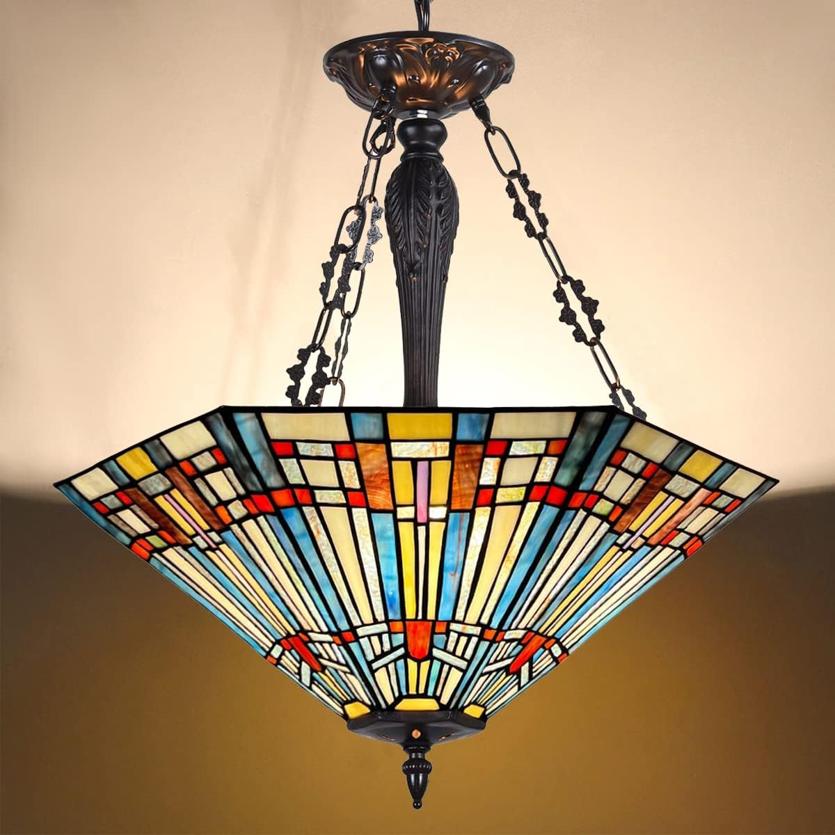 Tiffany Pendant Light Fixtures,22" Wide Stained Glass Inverted Ceiling Pendant for Dining Room,Antique Style 3 Lights Hanging Lamp for Living Room Kitchen Entryway