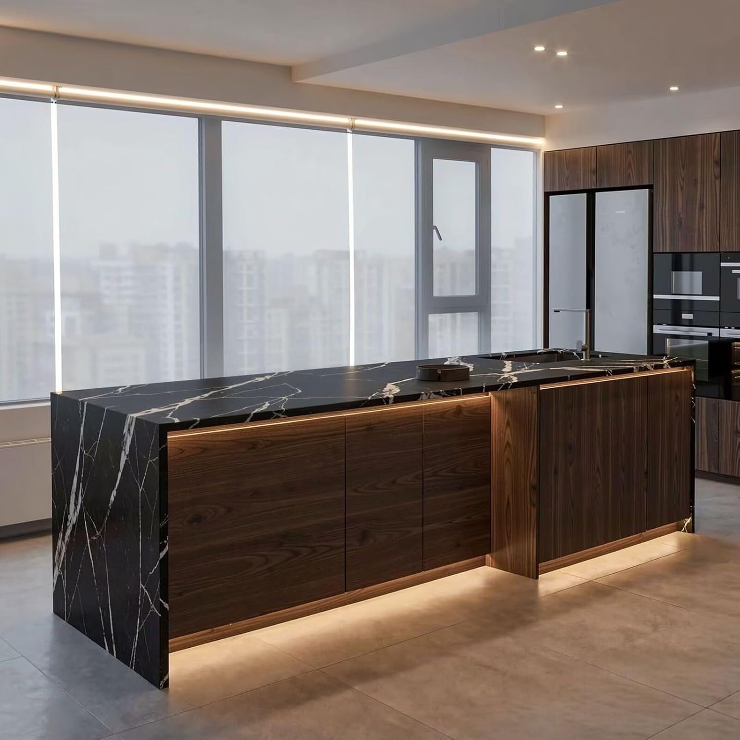 Kitchen Island with Storage - Modern Kitchen Island Table with Stone Countertop,Includes Integrated Storage,Under Cabinet Lighting Wooden Cabinet,for 4 People (72IN No Chairs)