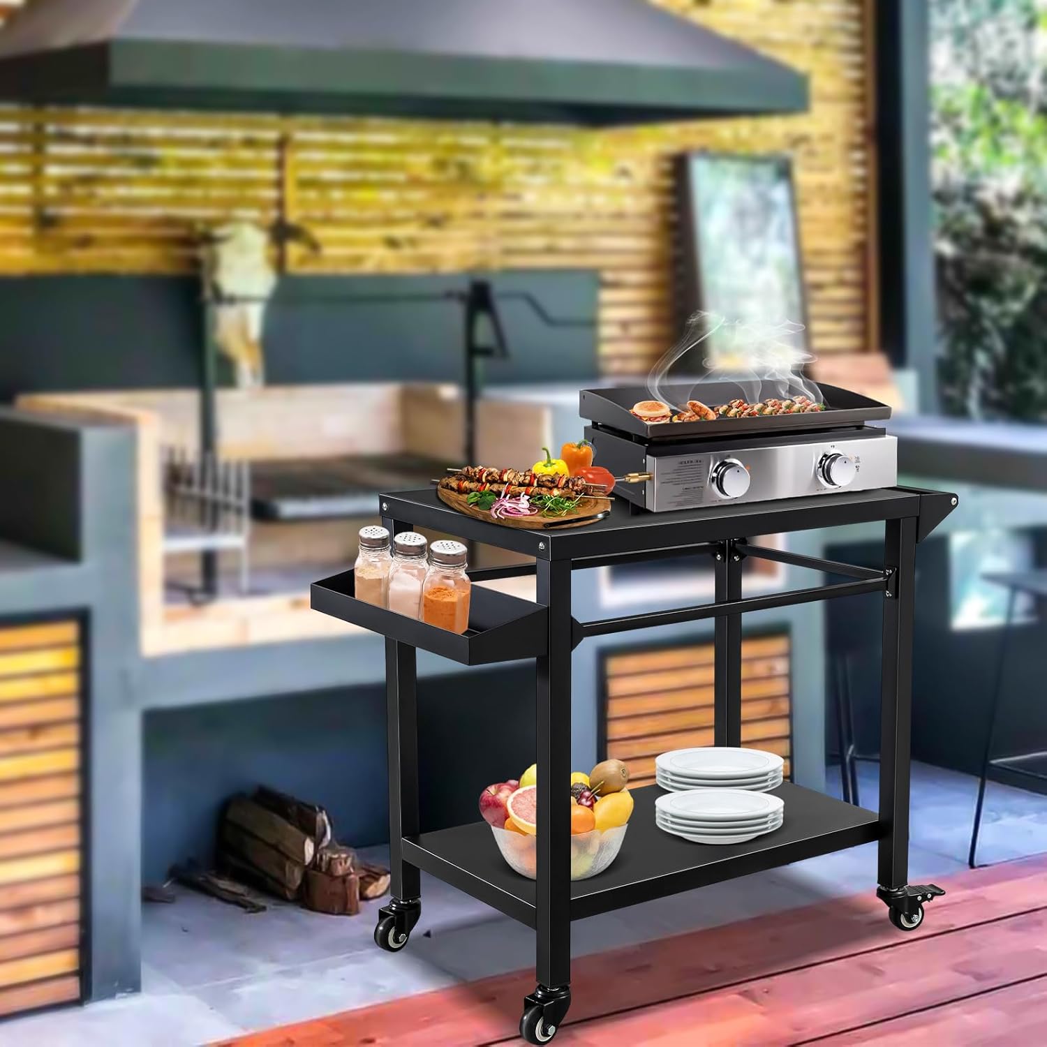 Outdoor Grill Cart, Pizza Oven Stand Table with Wheels, Heavy Duty Movable Kitchen Cooking Prep Table BBQ Cart for Outside Patio, Backyard, Camping and Parties