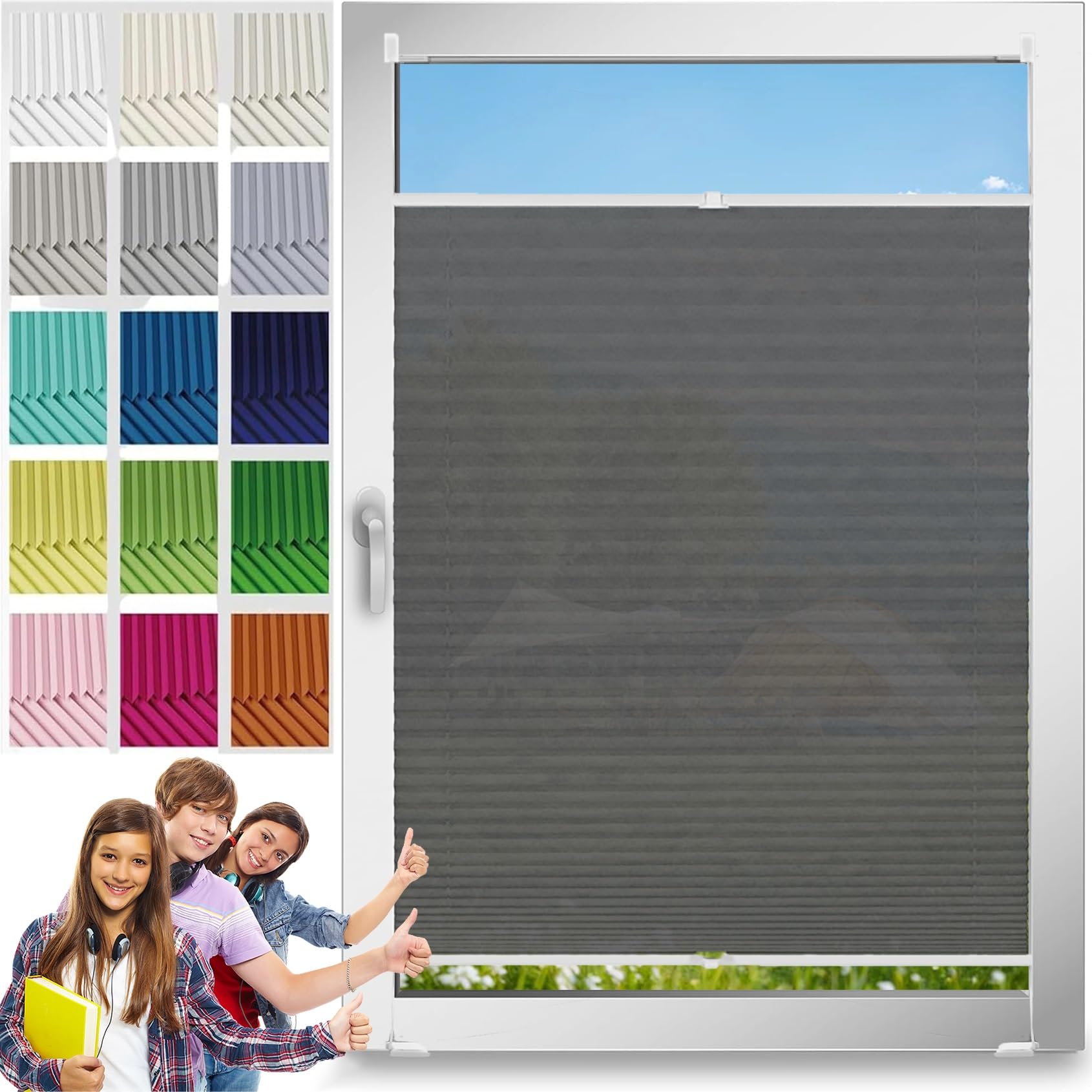 Stores Plissés sans Perçage Gris 52 x 205 cm | Store Opaque Isolant pour Fenêtres